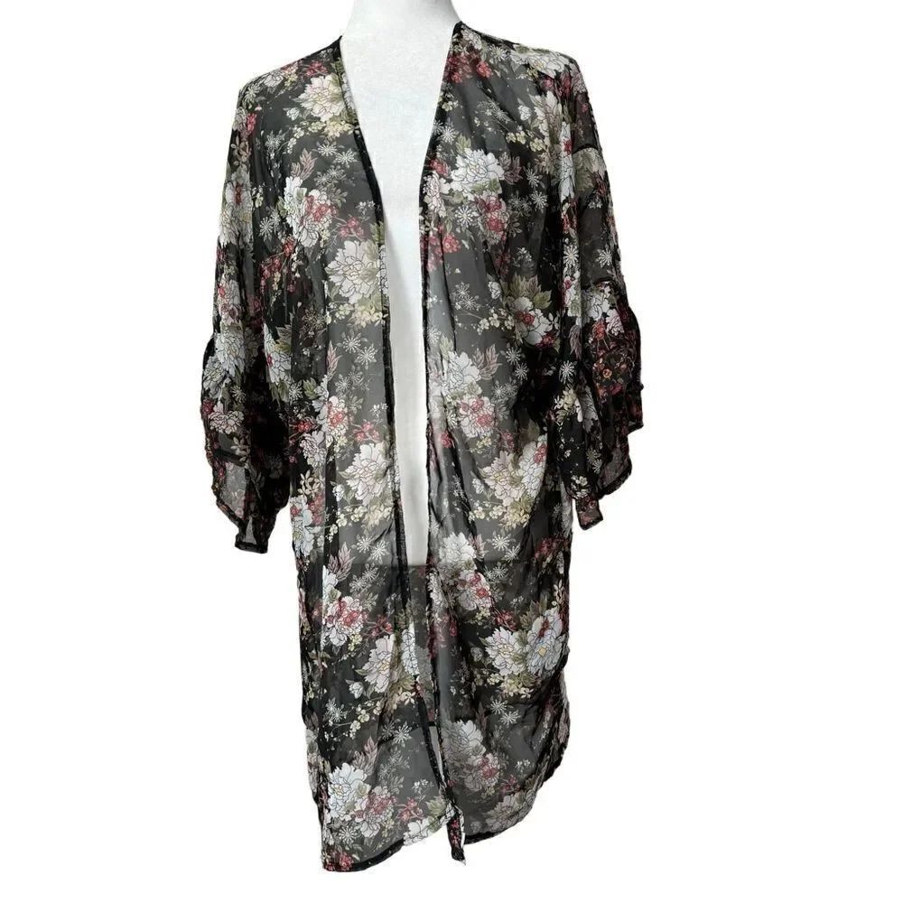 Mudd Black Floral Kimono Sheer Boho Shabby Chic Stevie Nicks